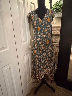 Sundance Teal High-Low Floral Maxi Dress with Yellow Blossoms